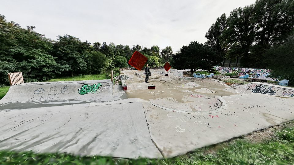 A Gaussian splat capture of a skate park surrounded by trees